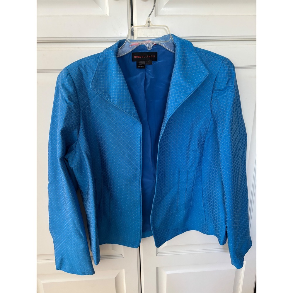 Nina McLemore Blue Silk Basketweave Jacquard Open Front‎ Blazer Jacket Womens 16